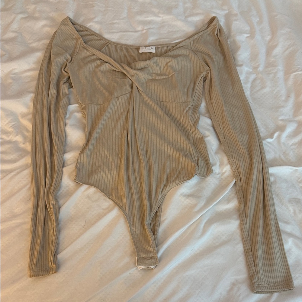 Le Lis Beige Ribbed Off-Shoulder Top